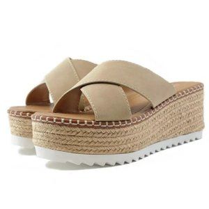 New Taupe Beige Platform Espadrille Slides Wedge Sandals
